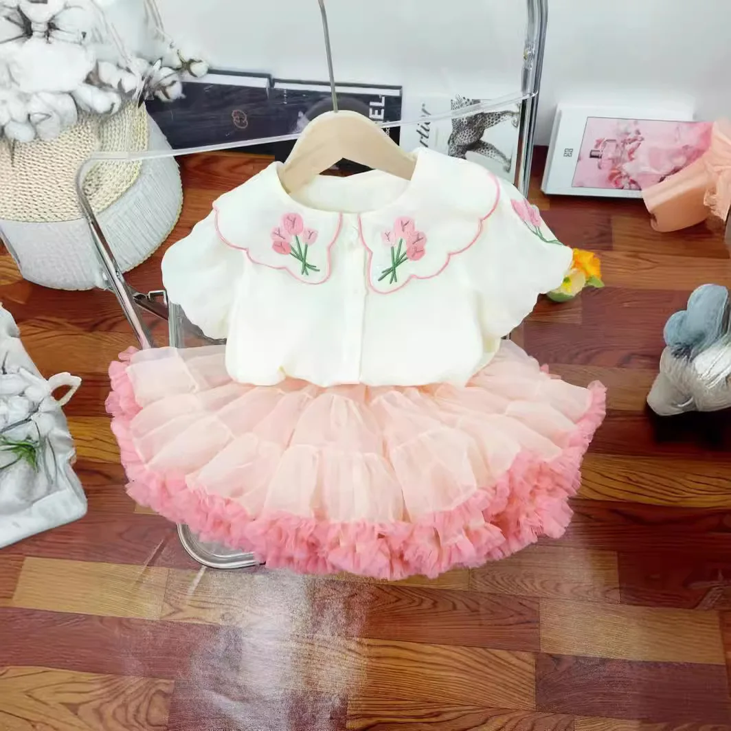 2024 Summer KoreanNew Girl\'s Embroidered Short sleeved Top with Cute Tutu Mesh Skirt Cover