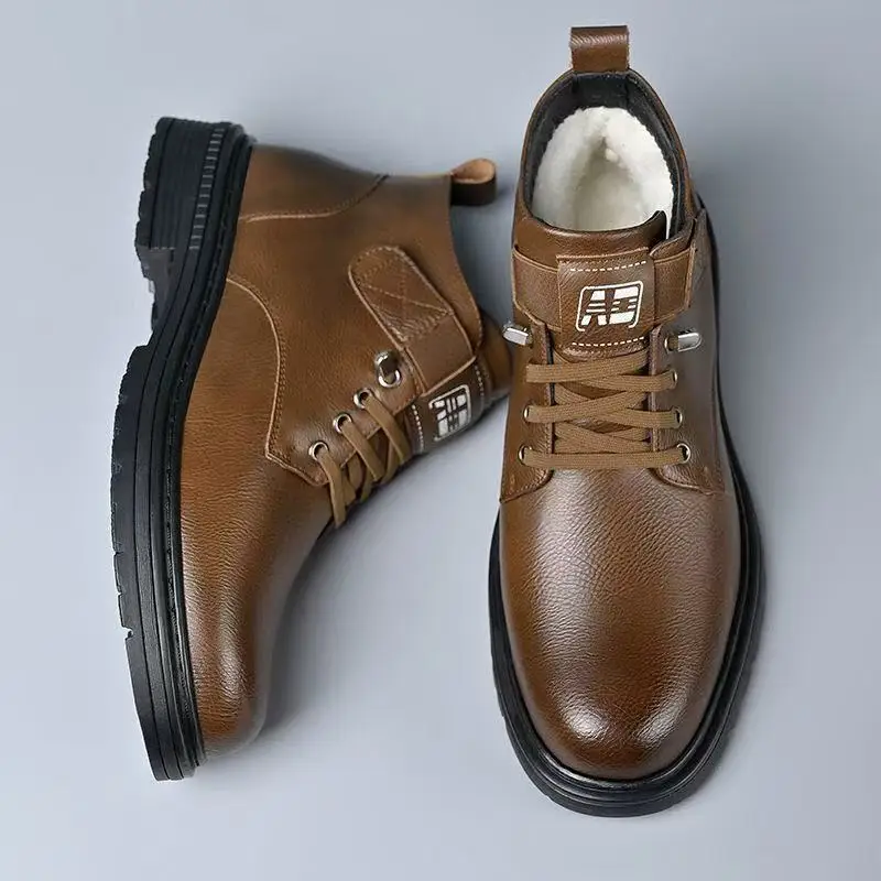 Cotton shoes men's winter warm cotton leather shoes with plush insulation high top snow boots versatile casual shoes for men