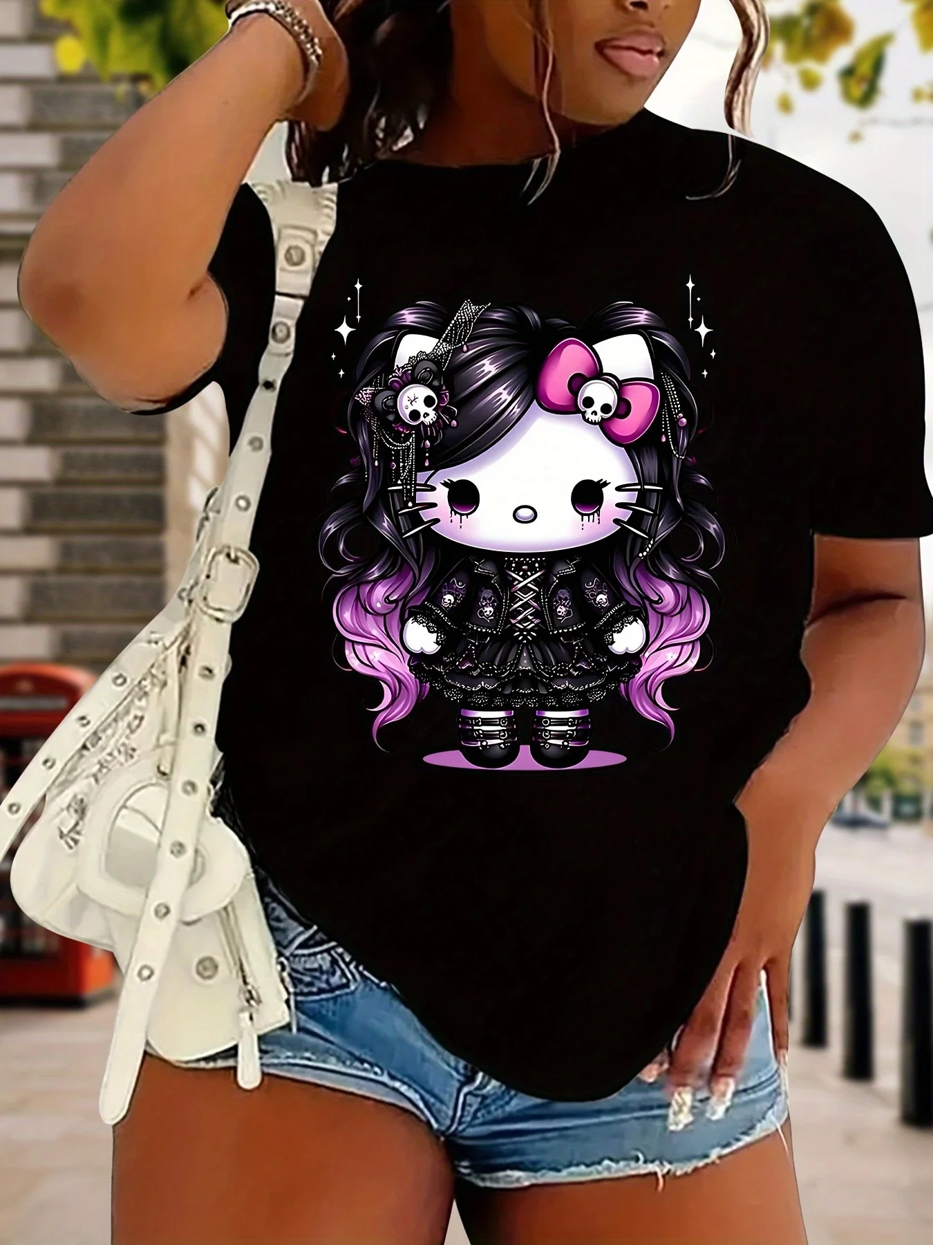 

Sanrio for Hello Kitty & Friends Women's T-Shirt - Gothic Cartoon Design with Purple Hair Bow, Black Pink, Short Sleeve, Cre