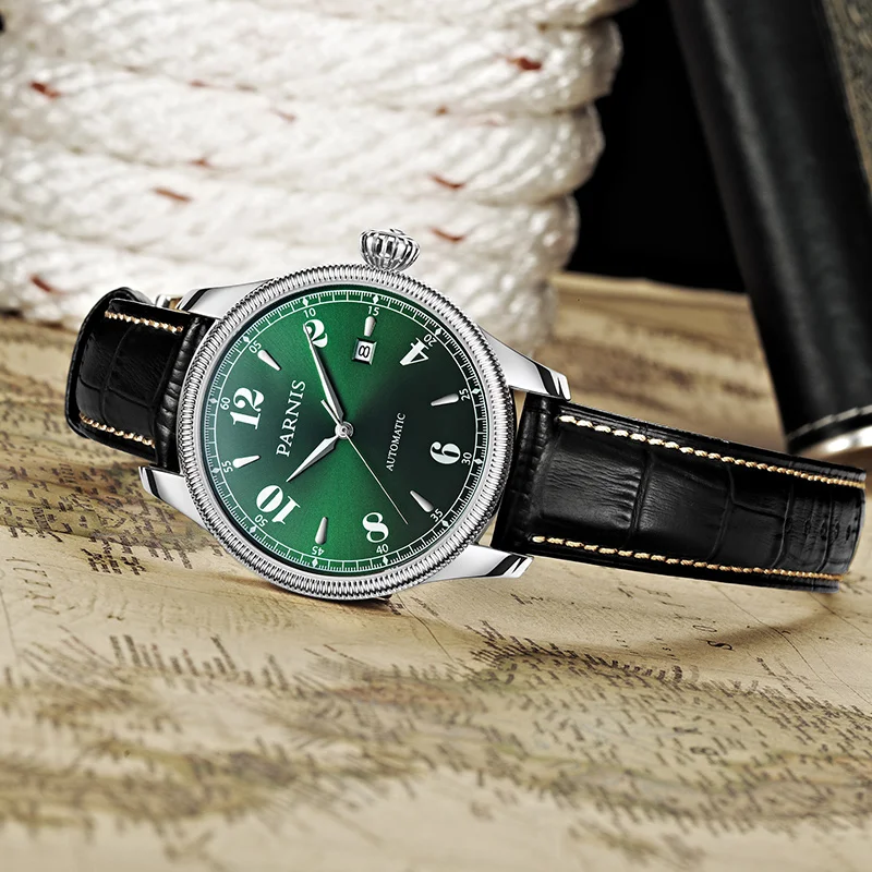 New Parnis 42mm Green Dial Men Mechanical Watch Luxury Automatic Watches Stainless Steel Waterproof Watch Men relogio masculino