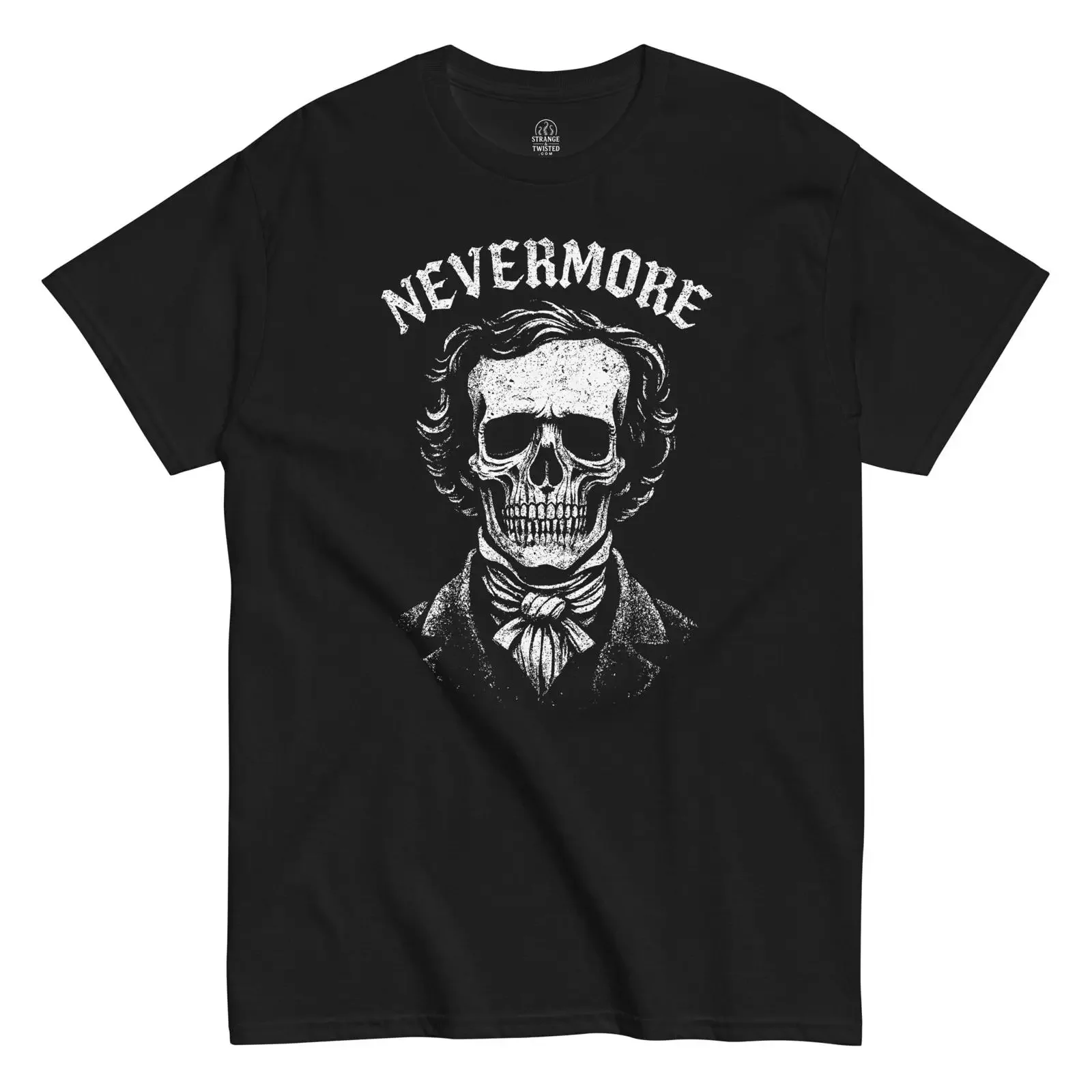 Black Nevermore T Shirt front view gothic Edgar Allan Poe skull horror design By Strange And Twisted Apparel vintage Washed