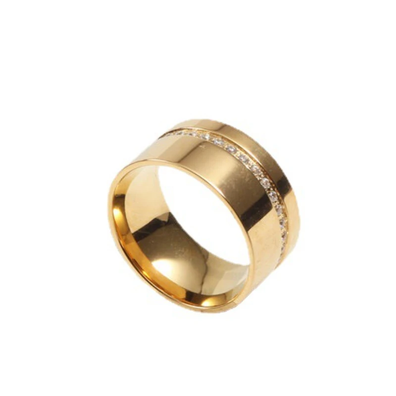 New Fashion Gold Color Shinny Zircon Width Ring for Women Stainless Steel Ring Gold Plated Jewelry
