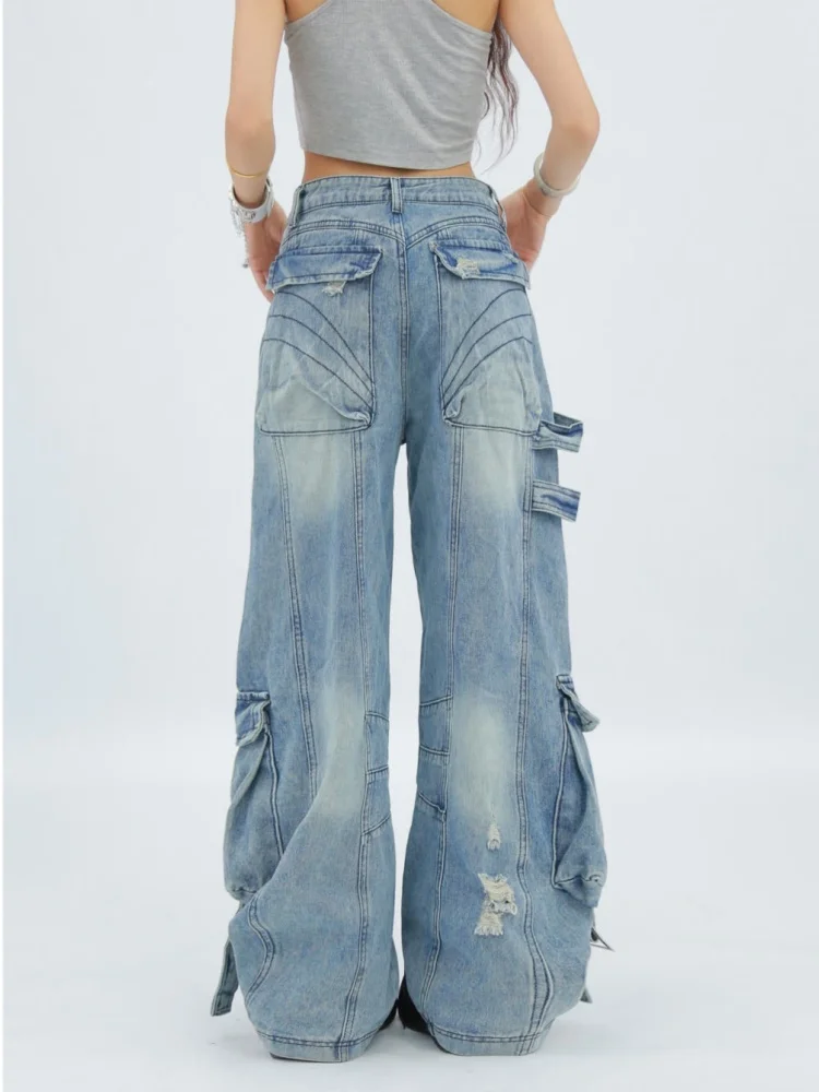 2025 Amerikaanse retro Y2K streetwear gewassen blauwe baggy gescheurde cargo jeans broek voor dameskleding wijde pijpen dame denim broek