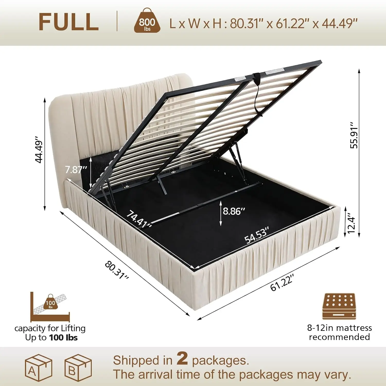 Upholstered Storage Bed Frame with Lift Up Mechanism, Pleated Headboard, Linen Fabric, No Box Spring, White, Customized