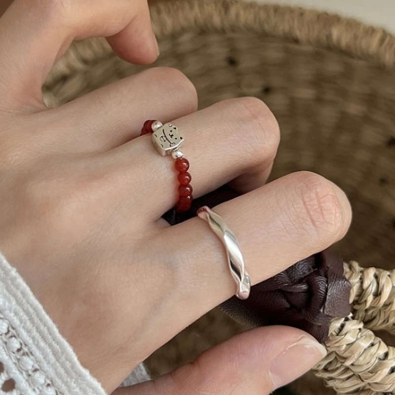 

925 Sterling Silver Geometric Red Round Bead Elastic Lucky Cat Ring for Women Fine Jewelry Minimalist Accessories