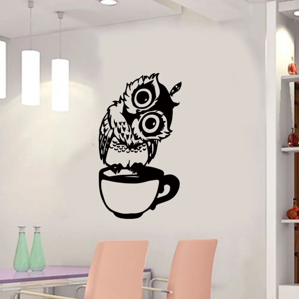 Owl on Coffee Mug Decorative Decal Cute Vinyl Stickers for Kitchen Dining Room Home Decor