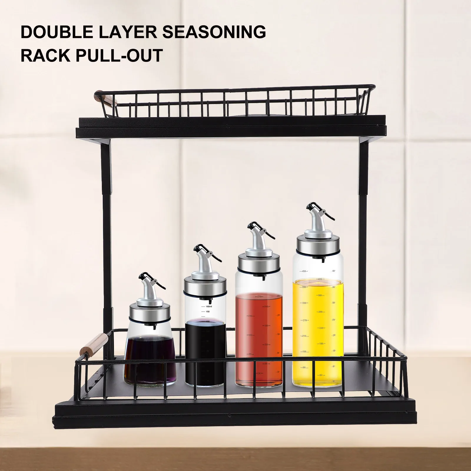 

2-Tier Kitchen Cabinet Organizer Pull Out Under Sink Storage Shelf with Guardrail Strong Slide Out Rack for Spices and