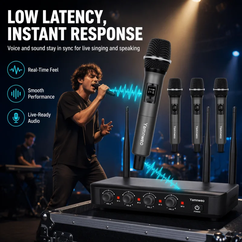 Professional 4-Channel UHF Wireless One to Four Metal Handheld Microphone, Automatic Frequency Matching, Independent Volume Adjustment, Long-Distance Transmission, DSP Noise Reduction and anti Whistling, Stage Performance, Wedding KTV, Business Conference