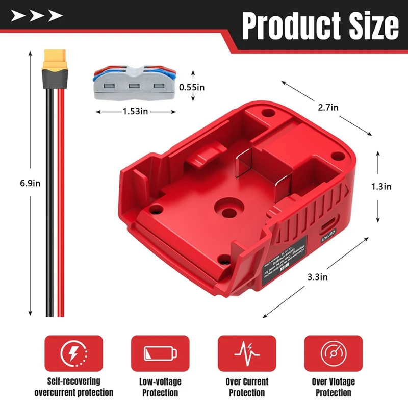Power Wheels Battery Adapter With USB Ports & XT60 Port,For Milwaukee 18V Battery, Power Adapter For Mobile Devices