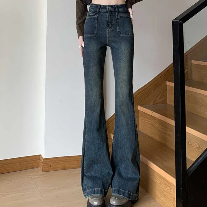 

Women Black Gray Flare Jeans Spring Autumn Retro High Wasit Slim Trousers Female Washed Skinny Denim Pants Streetwear