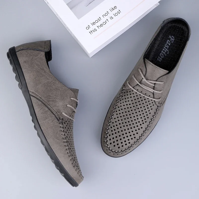 Zomer Uitgehold Lederen Schoenen Heren Luxe Italiaanse Heren Casual Handgemaakte Mocassins Designer Ademende Bootschoenen Zapatos Hombre