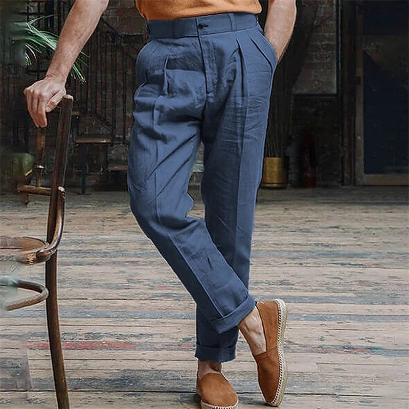 Pantalones cómodos y transpirables de lino y algodón suave para hombre, pantalón largo recto holgado informal para playa, pantalones de diseño plisado Vintage para otoño