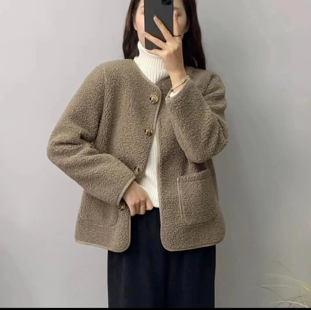 Crewneck Lambskin Coat Women's 2024 New Autumn New Korean Loose Lambskin Coat Trendy  coats for women