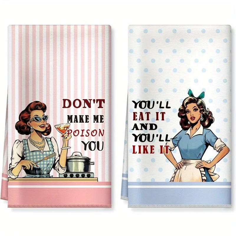 2Pcs jokes housewife microfiber kitchen towel, soft, absorbent, thick polyester dish cloth with vintage design
