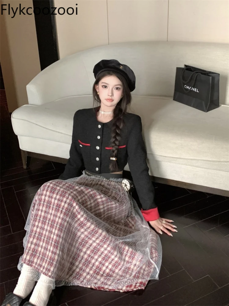 Fashion Short Elegant Coat + British Umbrella Skirt Vintage Plaid Skirt Mainland China Ensemble Femme 2 Pièces Chic Jupe