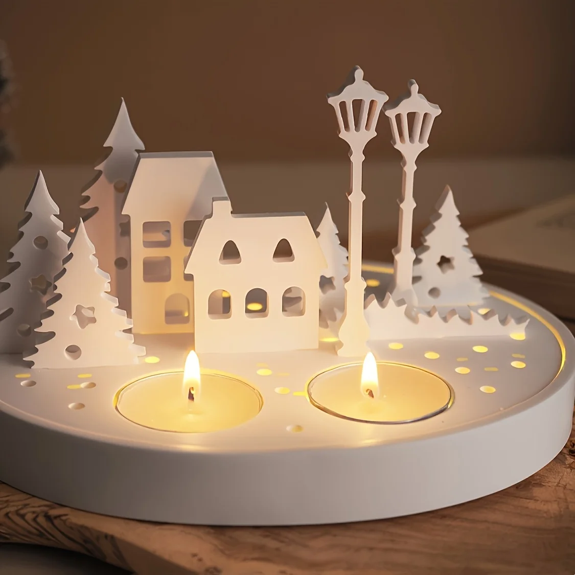 1pcs Silicone Mold DIY Crafts Casting Tool Openwork Street Scene Trees House Street Lamp Candlestick Silhouette Gypsum Cement