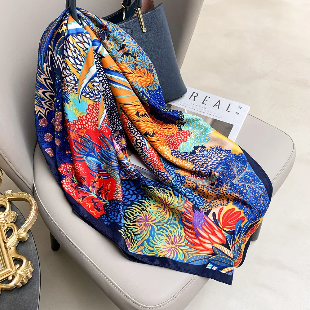 90*90cm Women Scarf Silk Feeling Hair Neck Square Brand Office bandanna muffler Waiter Flight Attendants Handkerchief Rings wrap image 5