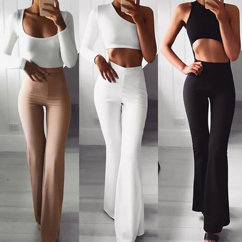 

Women Solid High Waist Flare Wide Leg Chic Trousers Bottom Yoga Pants