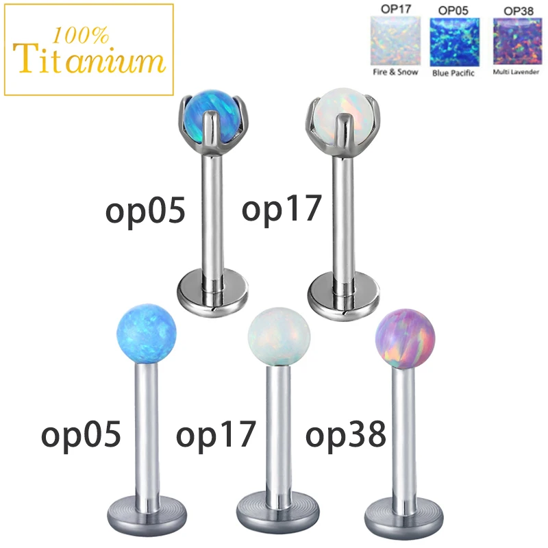 G23 Titanium Opal Bead Ball Labret Stud Tragus Cartilage Helix Conch Piercing Earrings Internally Threaded Lip Ring Ear Nail 16G