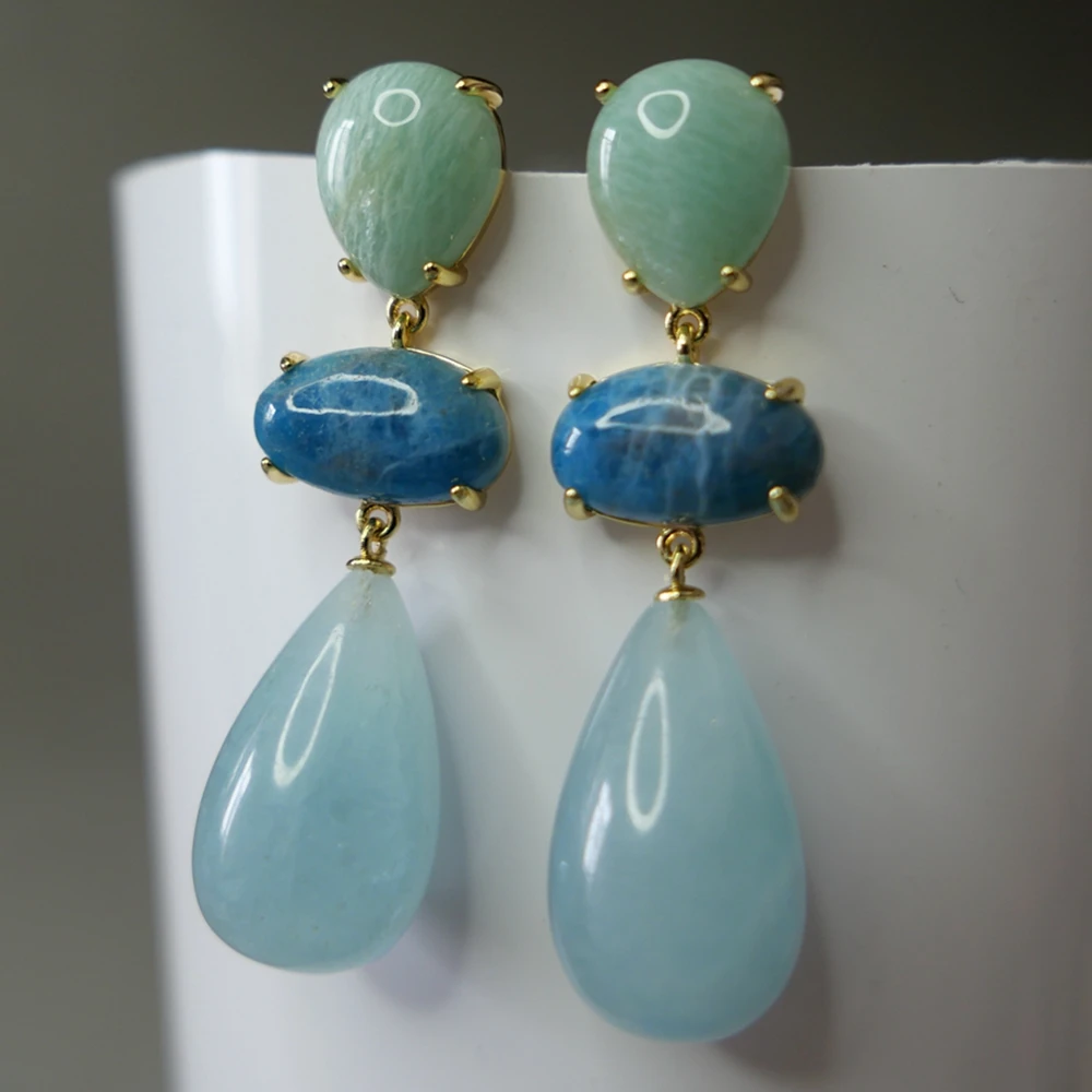 Imagem -02 - Kqdance Grande Gota de Água Azul Amazonite Apatita Aquamarine Brincos com 925 Agulha de Prata Pedra Natural Jóias Atacado Novo