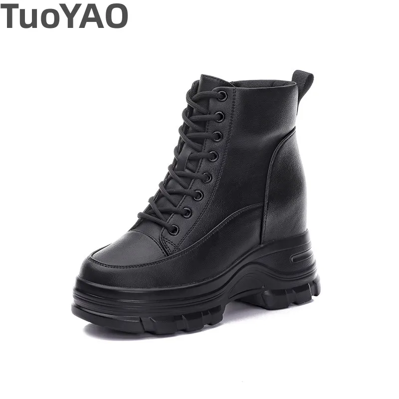 

9cm Cow Black Leather Platform Wedge Shoes Autumn Pumps Women Lace-up Ankle Booties Spring Chunky Sneakers Mid Calf Winter Plush
