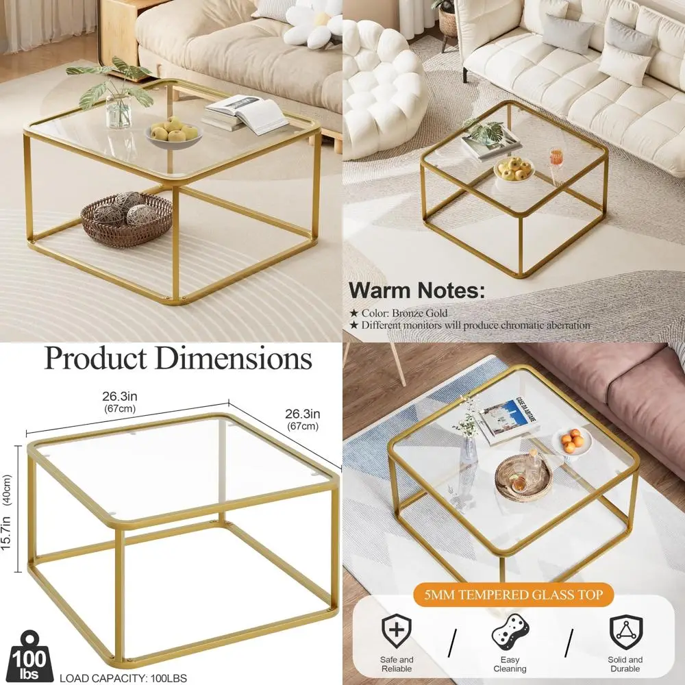 Moderner, minimalistischer, quadratischer Couchtisch aus Glas für Wohnzimmer und Büro, gehärtetes Glas, geeignet für kleine Räume