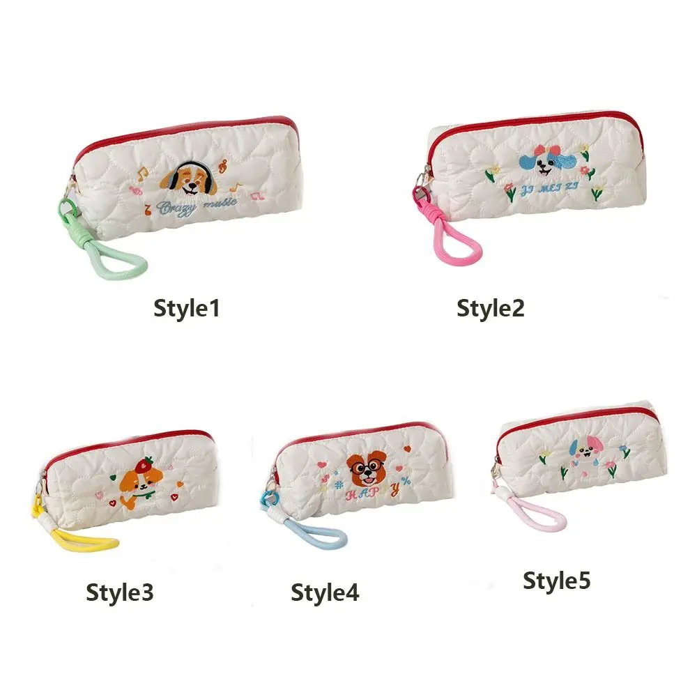 Cartoon Embroidered Dog Dog Pen Bag Ins Style Large Capacity Pencil Pouch With Pendant Rope Puppy Cosmetic Bag Student