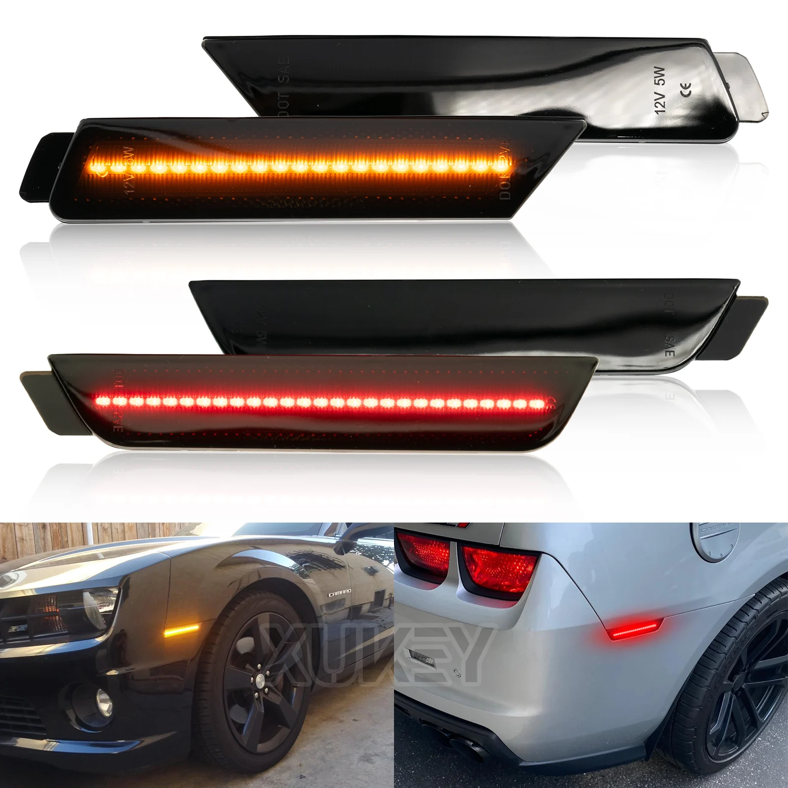 4x Amber Red LED Smoked Lens Front Rear Bumper Side Marker Light Wheel Arch Lamp For Chevy Camaro 2010 2011 2012 2013 2014 2015