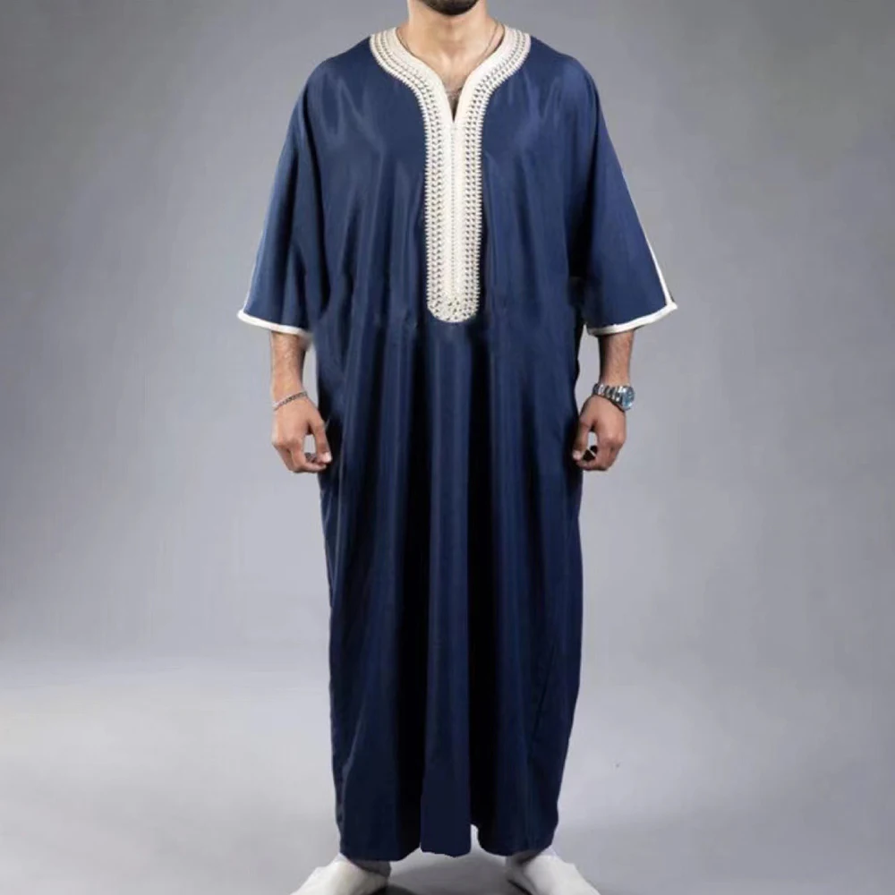 2024 New Men\'s Arabic Muslim Fashion Islamic Clothing Mens Embroidery Jubba Thobes Homme Moroccan Robe Eid Prayer Robe Dress