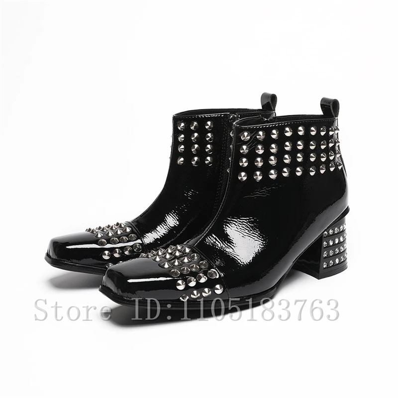 Men Black Patent Leather Square Toe Ankle Boots Punk Rock Gothic Style Silver Metal Spikes Studded Side Zipper Chunky Heel Boots