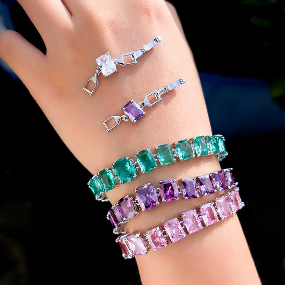 

CWWZircons 2025 New Fashion Princess Cut Cubic Zirconia Multicolor Tennis Bracelet Jewelry for Woman Wedding Dancing Party S0262