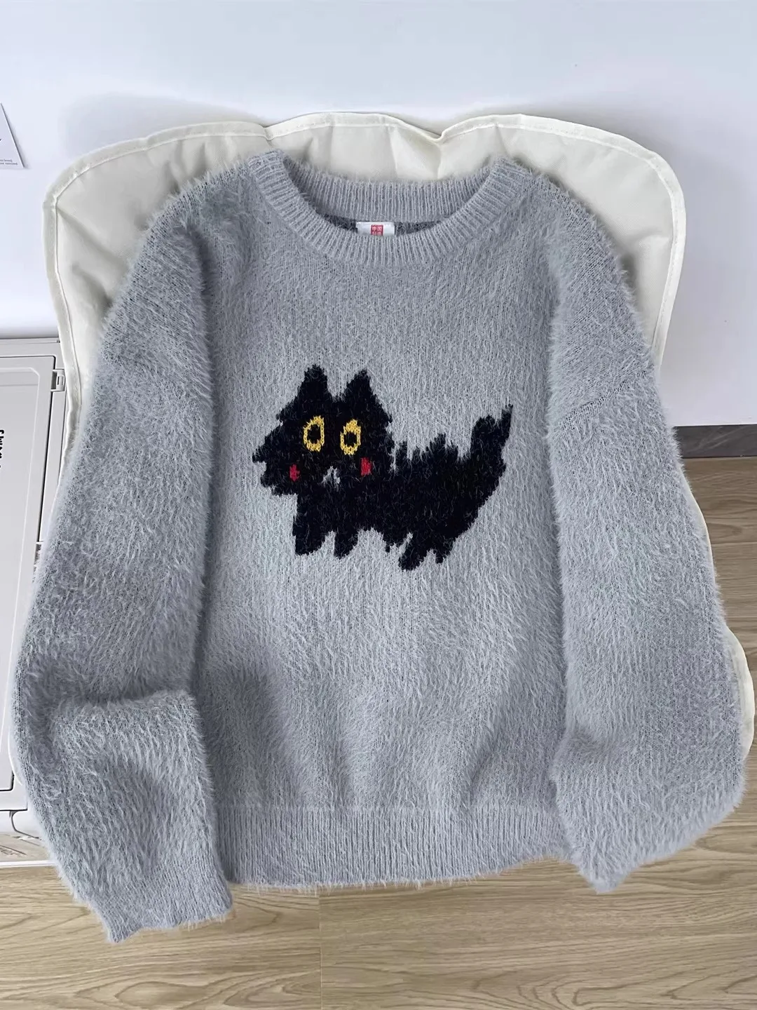 

Мужской свободный вязаный свитер из мягкого теплого искусственного меха с узором, зимний модный брендовый топ с круглым вырезом и длинными рукавами