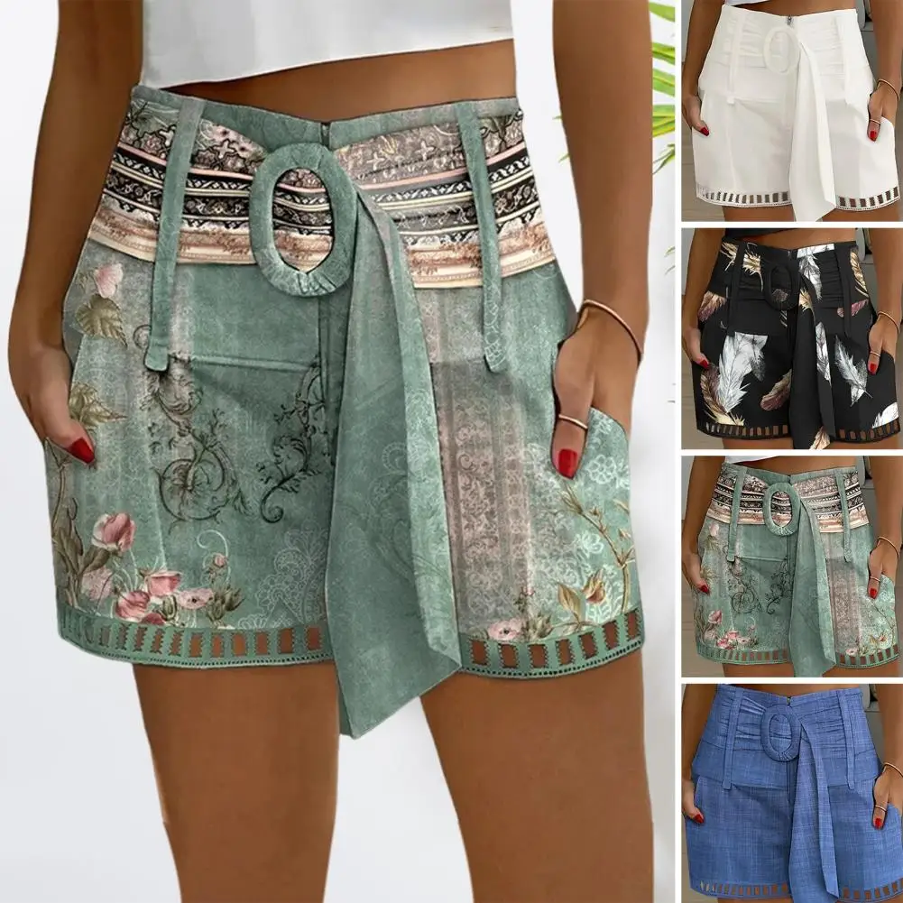 1Pc Slim Fit Women Shorts Adjustable Belt Lace Shorts Stylish Side Pockets Women's Summer Shorts with Hollow Out Design for Wear