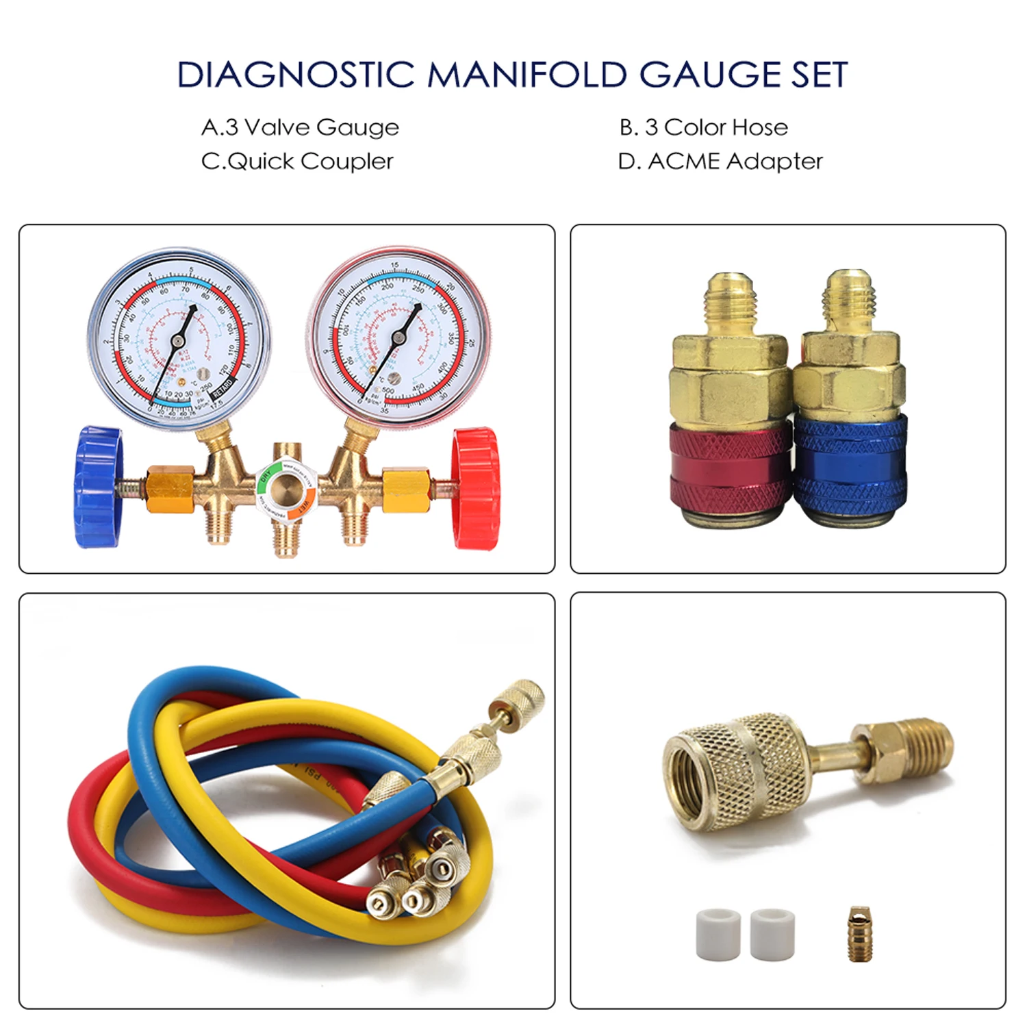 AC Diagnóstico Manifold Freon Gauge Set, Refrigerantes com Acopladores, Adaptador Acme, Pressão de estouro, 3000PSI, 3 Way