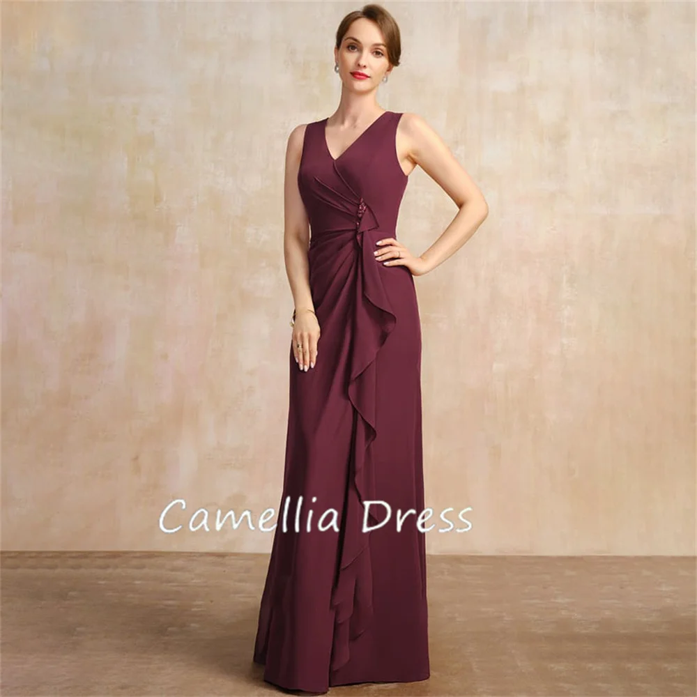 Vestido de gasa con cuello en V para madre de la novia, traje Formal con cuentas, largo hasta el suelo, novedad