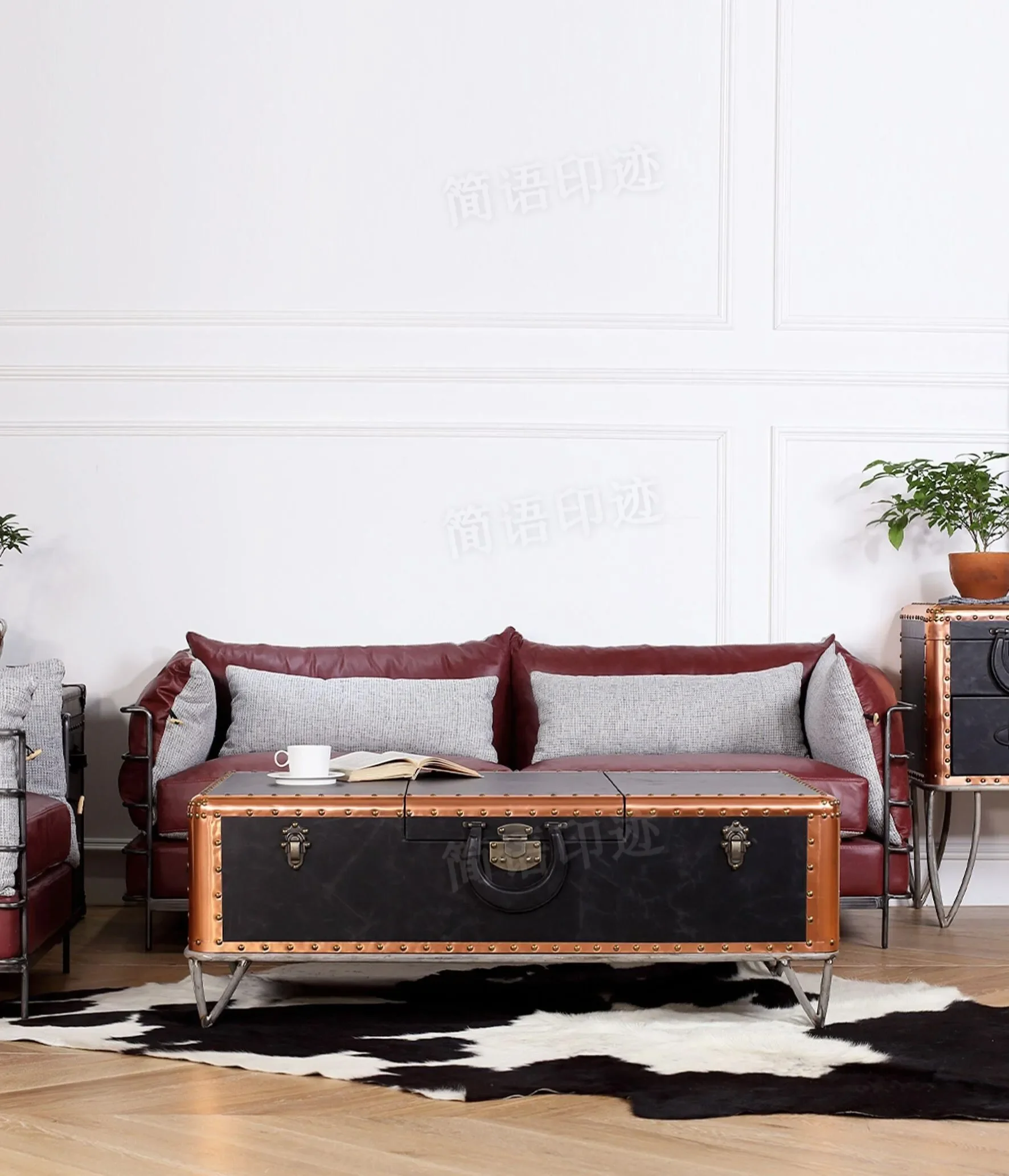 A  Medium style retro metal coffee table functional suitcase American living room table stainless steel table