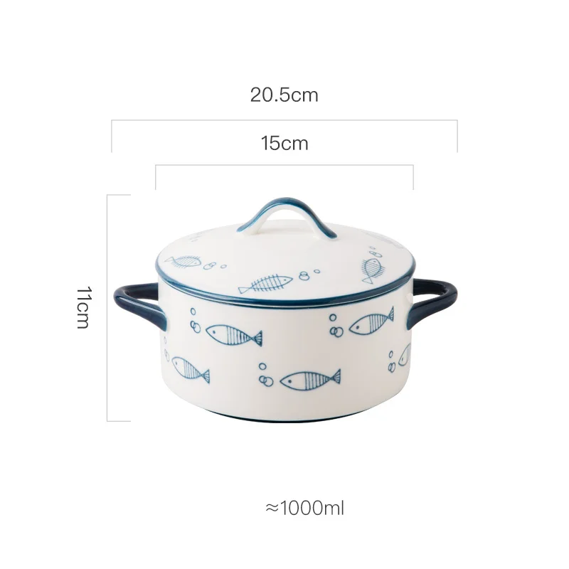 1pc ceramic double ear bowl with cover, 1000ml/34oz Noodles in soup bowl, 15cm/6inch microwave oven bowl