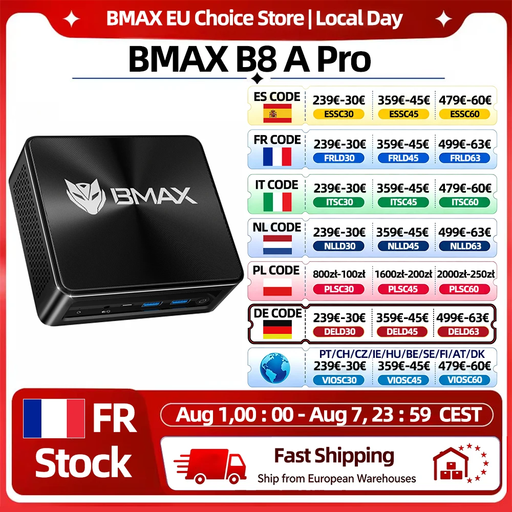 Mini PC BMAX B8 A Pro con procesador AMD Ryzen 7 8745Hs, gráficos AMD Radeon 780M, 16GB de RAM, 512GB SSD, Windows 11, Wifi, Bluetooth, USB, HDMI, Tipo-C, DP.