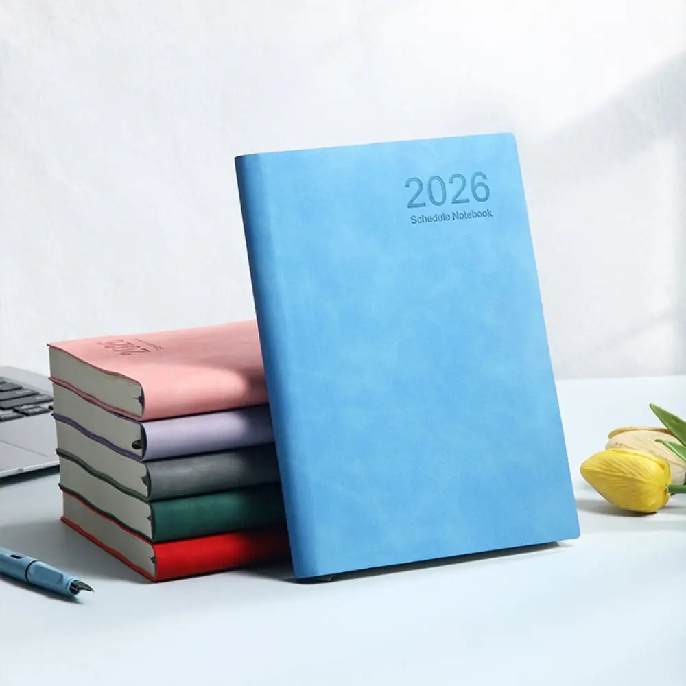 

A5 2026 365-Day Schedule Notebook PU Leather Cover with Ribbon Bookmark Agenda Notebook Wear-resistant Thick Paper