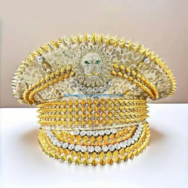573B قبعات فاخرة مزينة بالترتر على شكل أسد ذهبي مع أحجار الراين وبرشام مرصعة لعشاق الحفلات العصرية ومهرجان الموسيقى #2
