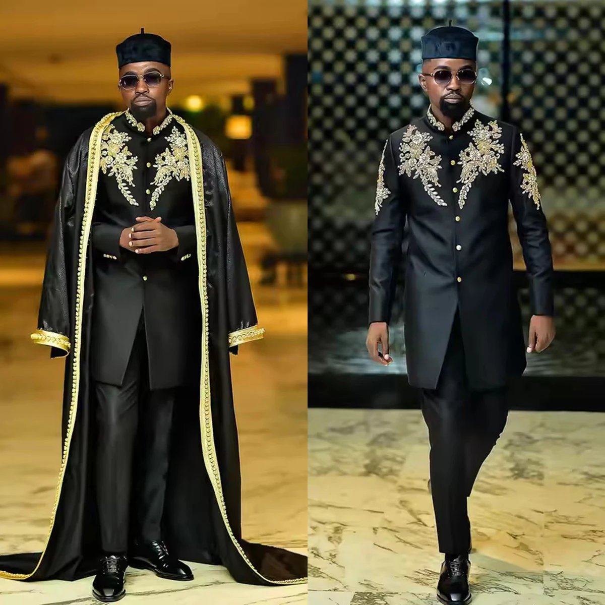 

Королевский стиль, кружевные мужские костюмы с накидкой, комплект из трех предметов, куртка больших размеров с воротником-стойкой и карманом, индивидуальный формальный мужской костюм Homme