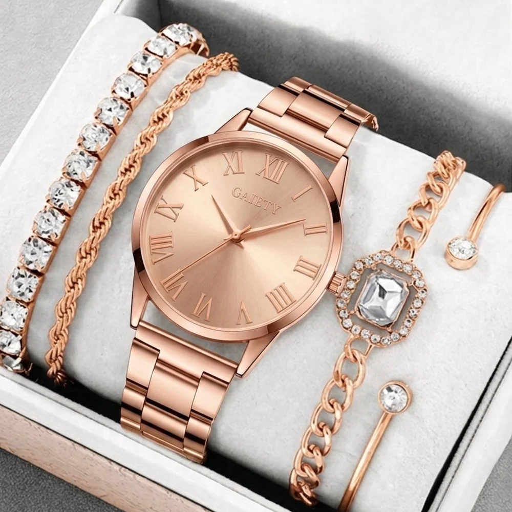 5Pcs/Set Unisex Jewelry Watches Women's Wristwatch Accessories Rose Gold Fashionable Elegant Trendy Classic Exquisite Luxury Quartz Watch Y2K Party Gathering Daily Wear Birthday Holiday Gift Travel Vacation