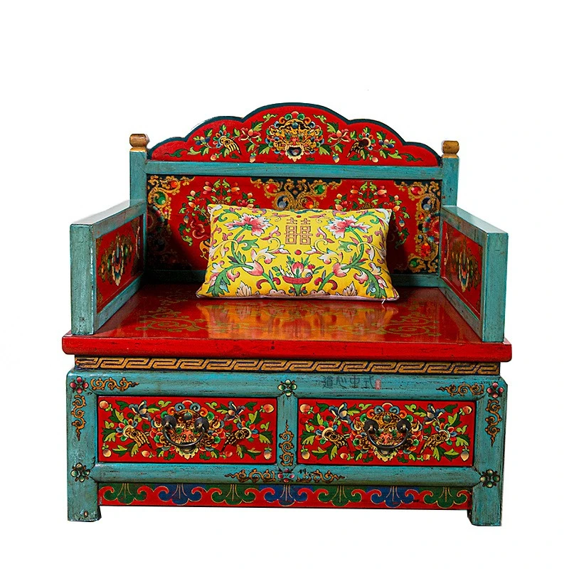 Tibetan painted single chair hand-painted old back chair meditation zen chair zen bed chanting rest zen stool solid wood retro