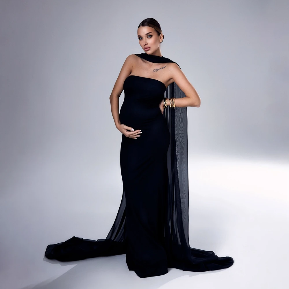 Black Shawl Maternity Photography Dresses Tube Top Pregnancy Photoshoot Gown Chiffon Veil Pregnancy Studio Posing Clothing