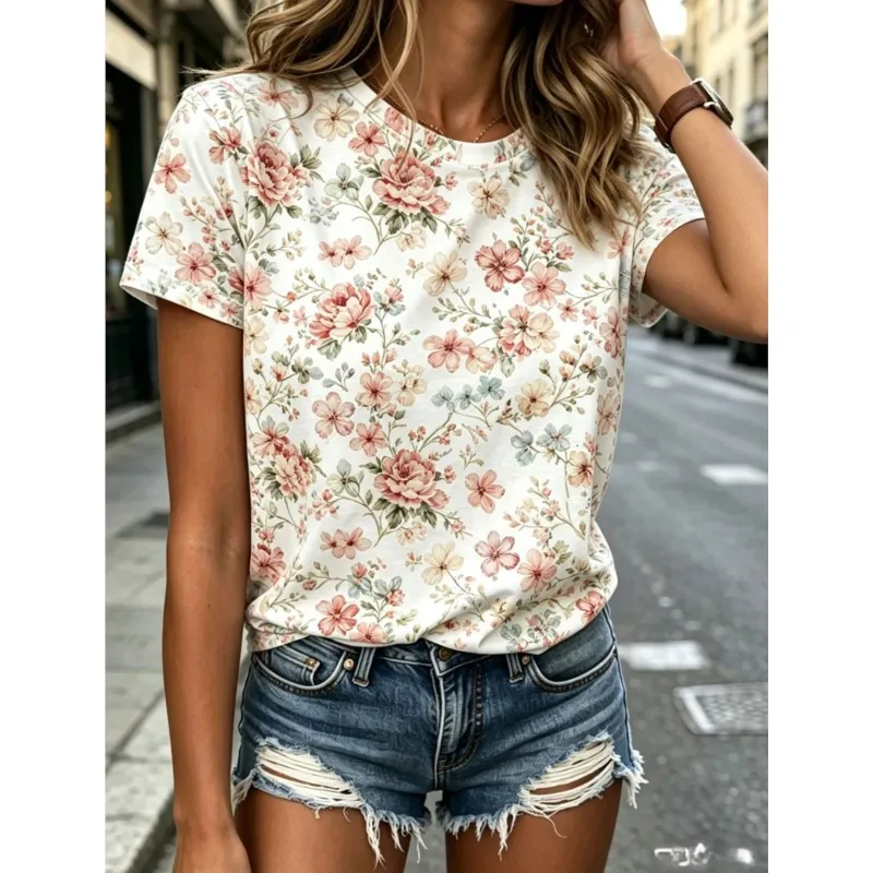 Spring Summer Women's Pure Cotton T-shirts Print Beautiful Flower Retro Clothes For Women Exquisite Outdoor Street Elegant Top