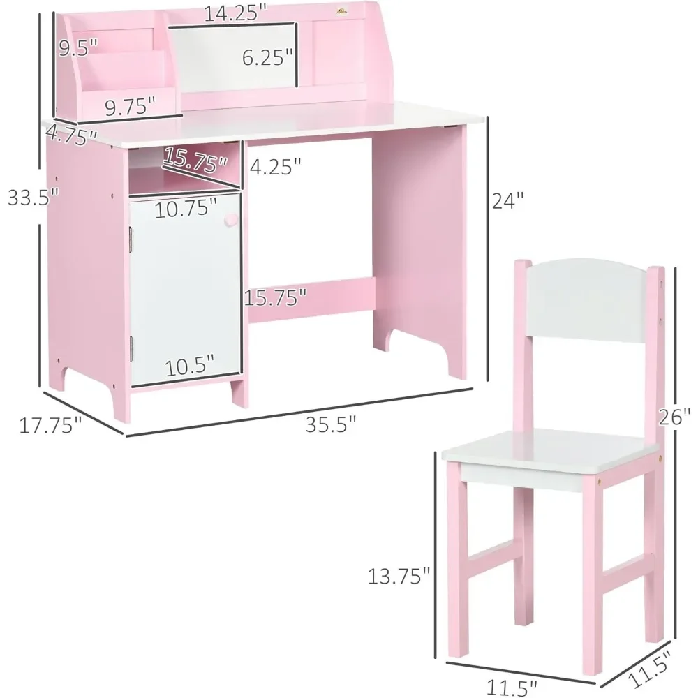 Toddler Desk and Chair Set, Kids Writing Desk Study Table for Children with Whiteboard, Storage Cabinet, Child Furniture