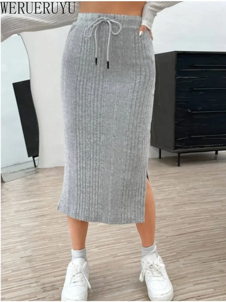 Casual Gray Knitted Skirts for Women Y2k Clothes Autumn Winter Harajuku Fashion High Waist Drawstring Midi Skirt for Women 2024