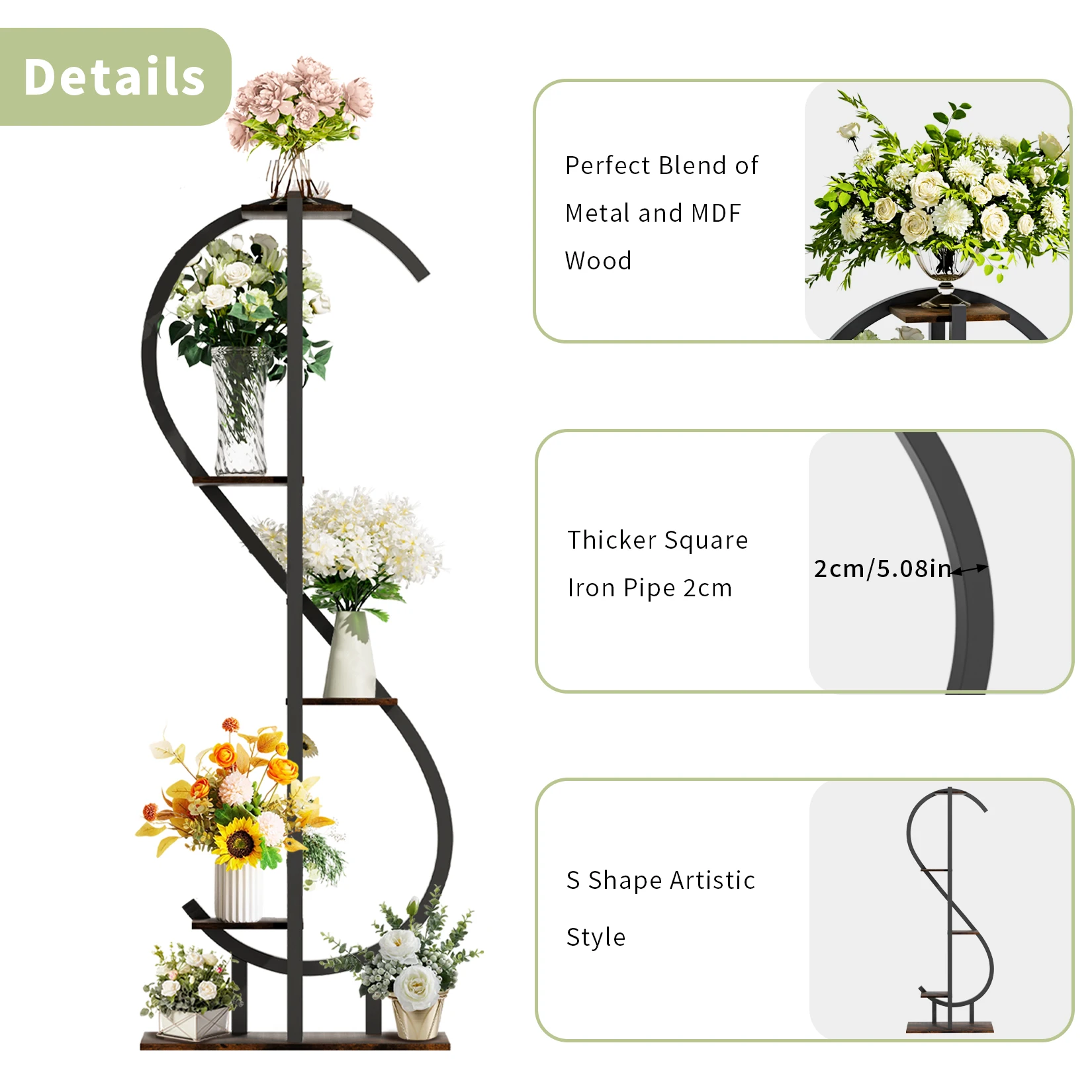 Suporte de planta interna em forma de s de 5 camadas com ganchos pendurados ferramentas de jardinagem prateleira de planta de canto estética para plantas altas multiuso