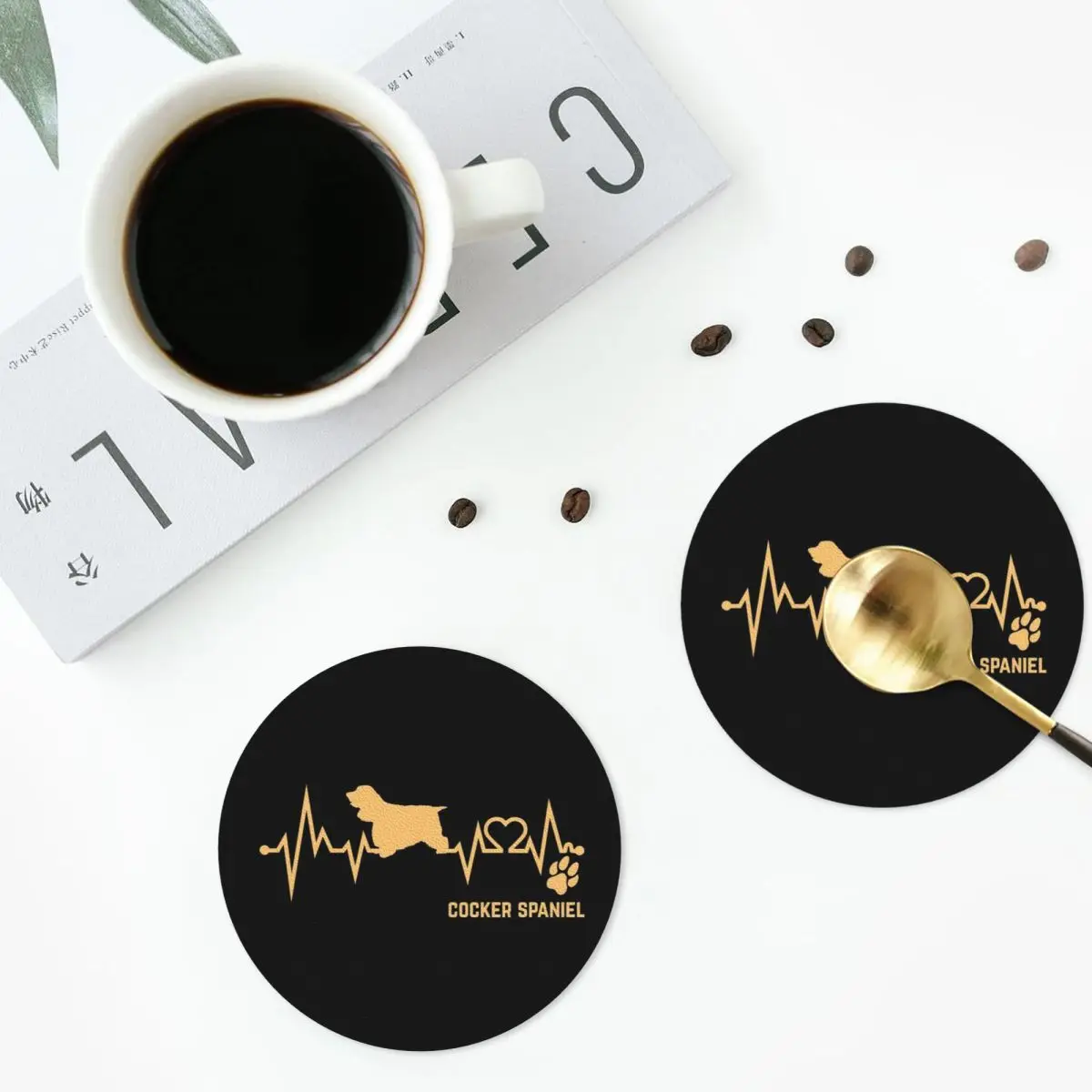 Cocker Spaniel Dog Lover Heartbeat ECG Pulse Pet Breed Paw Coasters PVC Leather Placemats Coffee Mats Dining Pads Set of 6