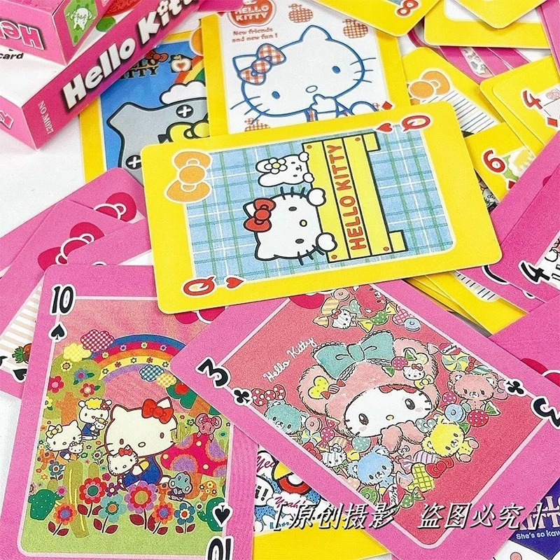 Kawaii Hello Kitty การ์ดเล่นเกมโต๊ะสำหรับปาร์ตี้ Sanrio การ์ดเกมมินิโซะสำหรับเล่นกีฬาสันทนาการใหม่หมากรุกเกมสำหรับครอบครัวการ์ดของขวัญวันหยุด